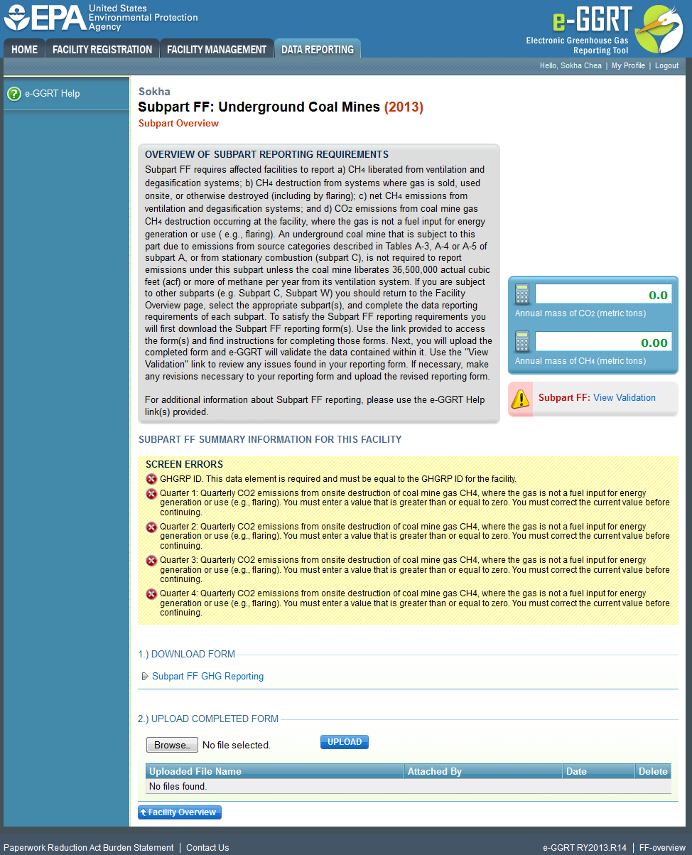 Subpart FF: Screen Errors for Uploaded Reporting Form
